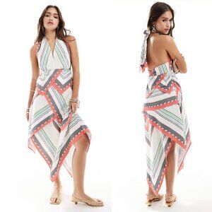 NWT Asos Halter Neck Hi-Low Hem Midi Dress Scarf Border Print 4
